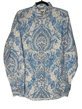 Yiume Paisley Button Down Shirt Mens Sz Large Blue Floral Cotton Coastal Casual